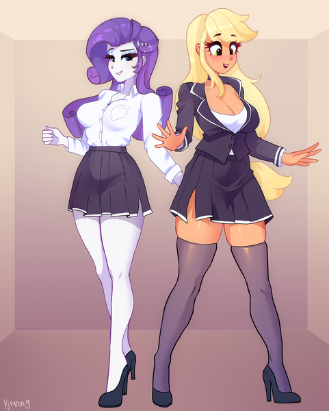 Size: 3204x4000 | Tagged: safe, artist:xjenn9, ponerpics import, applejack, rarity, equestria girls, breasts, cleavage, clothes, duo, duo female, female, high heels, image, png, shoes, socks, stockings, thigh highs