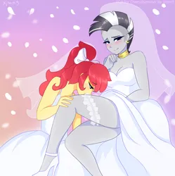 Size: 2732x2744 | Tagged: safe, artist:xjenn9, ponerpics import, apple bloom, zecora, equestria girls, breasts, clothes, dress, duo, duo female, female, high heels, image, older, png, shoes, wedding dress