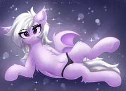 Size: 3400x2450 | Tagged: safe, artist:gaffy, derpibooru import, oc, oc:willow aurora, bat pony, pony, abstract background, art trade, bat pony oc, bat wings, belly, belly button, black panties, black underwear, chest fluff, clothes, ear fluff, female, image, lying, lying down, mare, panties, png, side, solo, underwear, wings