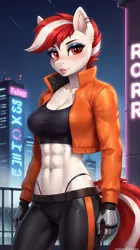 Size: 1536x2736 | Tagged: safe, ai content, derpibooru import, machine learning generated, prompter:oranzinispegasiukas, stable diffusion, oc, oc:laima, unofficial characters only, anthro, city, cityscape, clothes, ear piercing, earring, generator:pony diffusion v6 xl, image, jacket, jewelry, latvia, makeup, piercing, png, red eyes, robotic arm