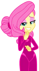 Size: 1024x1850 | Tagged: suggestive, artist:rosasmitt, derpibooru import, fluttershy, human, equestria girls, g4, bedroom eyes, female, grin, image, latex, latex suit, looking at you, png, seductive, sexy, simple background, smiling, solo, solo female, transparent background, wetsuit