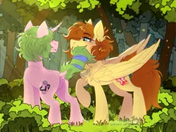 Size: 2555x1916 | Tagged: safe, derpibooru import, oc, oc:carry calamity, oc:yuris, unofficial characters only, pegasus, pony, unicorn, art trade, butt, crepuscular rays, duo, ears up, forest, horn, image, leaves, nature, plot, png, shipping, smiling, trade, tree