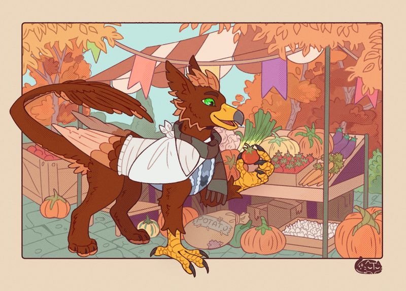 Size: 1394x1000 | Tagged: safe, artist:tokori, derpibooru import, oc, oc:pavlos, unofficial characters only, gryphon, autumn, bandage, beak, broken bone, broken wing, carrot, cast, cheek fluff, claws, clothes, colored wings, commission, eared griffon, eggplant, food, fruit, griffon oc, image, injured, leek, market, non-pony oc, nonbinary, onion, png, pumpkin, scarf, sling, solo, sweater, tail, tomato, tree, vegetables, wings