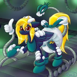 Size: 2000x2000 | Tagged: suggestive, artist:plinkie_poi, derpibooru import, oc, oc:naveen numbers, unofficial characters only, pegasus, pony, bib, booties, bow, conveyor belt, diaper, diaper fetish, female, fetish, image, mechanical hands, png, poofy diaper, solo, solo female, tail, tail bow, unamused