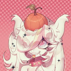 Size: 3343x3326 | Tagged: safe, derpibooru import, pony, black, bust, candy, collar, commission, ear fluff, ethereal mane, eye clipping through hair, eyebrows, eyebrows visible through hair, food, halloween, holiday, icon, image, pink background, png, portrait, pumpkin, simple background, smiling, spooky, starry mane, stars