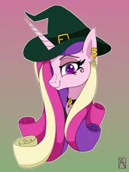 Size: 2666x3555 | Tagged: safe, artist:naen, derpibooru import, princess cadance, alicorn, pony, g4, clothes, costume, ear piercing, earring, female, gameloft, gameloft interpretation, gradient background, hat, horn, image, jewelry, looking at you, mare, mlp fim's fourteenth anniversary, nightmare night, nightmare night costume, piercing, png, solo, witch hat