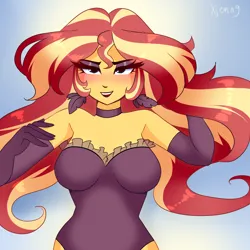 Size: 3000x3000 | Tagged: suggestive, artist:xjenn9, ponerpics import, sunset shimmer, equestria girls, breasts, clothes, evening gloves, female, gloves, image, long gloves, looking at you, png, solo, solo female