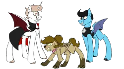 Size: 2300x1300 | Tagged: safe, artist:fuckomcfuck, derpibooru import, oc, oc:doodles, oc:joystick, oc:rat, unofficial characters only, alicorn, earth pony, pegasus, pony, undead, vampire, vampony, werewolf, collar, drool, fangs, halloween, holiday, image, mlp fim's fourteenth anniversary, nightmare night, png, simple background, transparent background