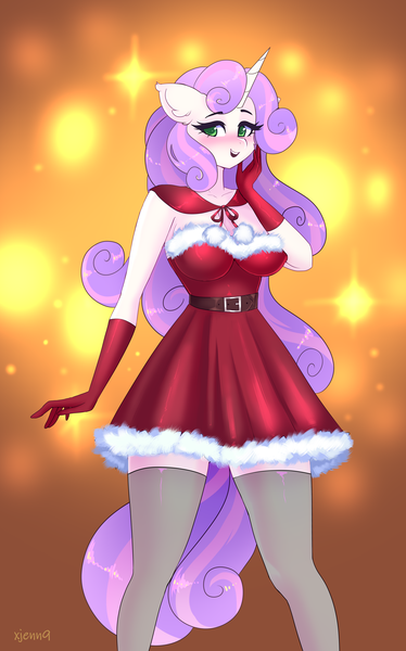 Size: 1872x3000 | Tagged: suggestive, artist:xjenn9, ponerpics import, sweetie belle, anthro, breasts, christmas, christmas sweater, clothes, female, gloves, holiday, image, older, png, socks, solo, solo female, sweater