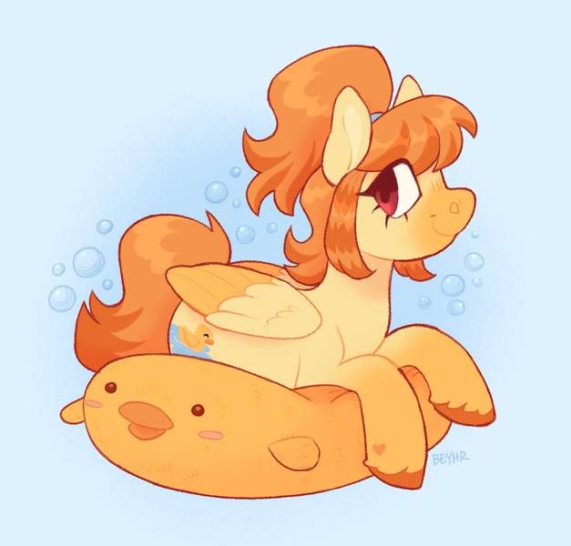 Size: 1231x1178 | Tagged: safe, artist:beyhr, derpibooru import, oc, oc:duckie, pegasus, pony, bubble, heart, hooves, image, orange mane, orange tail, plushie, png, solo, tail, two toned mane, two toned tail, unshorn fetlocks