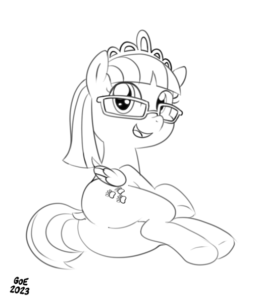 Size: 1034x1200 | Tagged: safe, artist:goodorevil, derpibooru import, zippoorwhill, pegasus, pony, g4, 2023, butt, dock, explicit source, female, filly, foal, folded wings, glasses, grayscale, image, jewelry, looking at you, lying down, monochrome, open mouth, open smile, plot, png, side, signature, simple background, sketch, smiling, solo, tail, tiara, underhoof, white background, wings