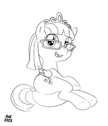 Size: 1034x1200 | Tagged: safe, artist:goodorevil, derpibooru import, zippoorwhill, pegasus, pony, g4, 2023, butt, dock, explicit source, female, filly, foal, folded wings, glasses, grayscale, image, jewelry, looking at you, lying down, monochrome, open mouth, open smile, plot, png, side, signature, simple background, sketch, smiling, solo, tail, tiara, underhoof, white background, wings