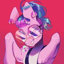 Size: 4000x4000 | Tagged: safe, derpibooru import, blue eyes, blue hair, bust, commission, glasses, gold, horns, icon, image, pink, png, portrait, red background, simple background