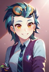 Size: 2496x3648 | Tagged: safe, ai content, derpibooru import, generator:civitai, machine learning generated, prompter:trux23, indigo zap, human, equestria girls, g4, cute, female, image, jpeg, looking at you, smiling, smiling at you, solo