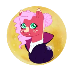 Size: 1250x1221 | Tagged: safe, artist:ponyrasmeii, derpibooru import, edit, oc, oc:apple tart (rasmeiiverse), unofficial characters only, earth pony, pony, bust, fangs, hair bun, image, mlp fim's fourteenth anniversary, moon, next gen:rasmeiiverse, nightmare night, offspring, parent:big macintosh, parent:fluttershy, parents:fluttermac, png, solo, vampire costume, watermark