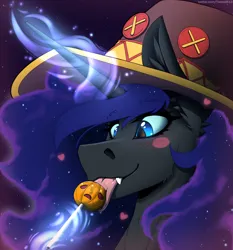 Size: 2800x3000 | Tagged: safe, artist:twotail813, derpibooru import, nightmare moon, blushing, bust, candy, cute, fangs, female, food, hat, horn, image, lollipop, magic, mlp fim's fourteenth anniversary, nightmare night, png, portrait, pumpkin, solo, solo female, telekinesis, tongue out, witch hat