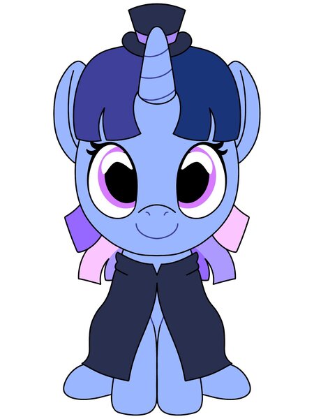 Size: 1536x2048 | Tagged: safe, artist:_jm0o, derpibooru import, oc, oc:flawless sparklemoon, pony, unicorn, cloak, clothes, female, fusion, fusion:trixie, fusion:twilight sparkle, fusion:twixie, hat, horn, image, jpeg, looking at you, mare, my little pony the movie: the death of twilight sparkle, simple background, sitting, smiling, smiling at you, solo, top hat, unicorn oc, white background, youtooz, youtooz mlp design competition