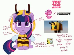 Size: 4096x3083 | Tagged: safe, artist:cheekipone, derpibooru import, twilight sparkle, bee, insect, pony, unicorn, clothes, crossover, cute, female, hoodie, image, jpeg, mare, minecraft, minecraft bee, plushie, reference sheet, simple background, sitting, solo, twiabetes, unicorn twilight, white background, youtooz, youtooz mlp design competition