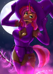 Size: 2480x3508 | Tagged: safe, alternate version, artist:ririchia, derpibooru import, oc, oc:strawberry filling, anthro, bat pony, bat pony unicorn, hybrid, pony, unicorn, bat pony hybrid, belt, belt buckle, boob window, boots, breasts, cleavage, cleavage fluff, clothes, commission, fishnet clothing, fishnets, gloves, happy, hat, horn, image, leotard, magic, magic glow, mischievous grin, moon, night, png, pouch, shoes, socks, solo, stockings, test tube, thigh highs, witch costume, witch hat, ych result, your character here