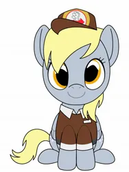 Size: 1536x2048 | Tagged: safe, alternate version, artist:_jm0o, derpibooru import, derpy hooves, pegasus, pony, g4, cute, derpabetes, female, folded wings, hat, image, jpeg, looking at you, mailmare, mailmare hat, mailmare uniform, mare, simple background, sitting, smiling, solo, tail, white background, wings, youtooz, youtooz mlp design competition