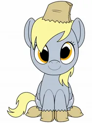 Size: 1536x2048 | Tagged: safe, alternate version, artist:_jm0o, derpibooru import, derpy hooves, pegasus, pony, g4, bag, clothes, costume, cute, derpabetes, female, folded wings, image, jpeg, looking at you, mare, nightmare night costume, paper bag, paper bag wizard, simple background, sitting, smiling, solo, tail, white background, wings, youtooz, youtooz mlp design competition