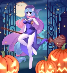 Size: 2672x2900 | Tagged: safe, artist:xjenn9, ponerpics import, oc, unofficial characters only, anthro, breasts, broom, clothes, dress, female, halloween, hat, holiday, image, jack-o-lantern, night, png, pumpkin, solo, solo female, witch hat