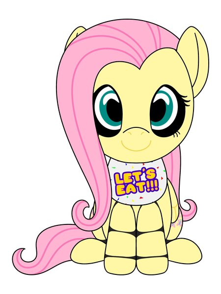 Size: 1536x2048 | Tagged: safe, artist:_jm0o, derpibooru import, fluttershy, pegasus, pony, g4, animatronic, bib, bowtie, crossover, female, five nights at freddy's, folded wings, image, jpeg, looking at you, mare, simple background, sitting, smiling, smiling at you, solo, tail, white background, wings, youtooz, youtooz mlp design competition