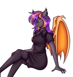 Size: 1726x1814 | Tagged: safe, artist:rena, derpibooru import, oc, oc:bright wings, anthro, bat pony, pony, clothes, image, leggings, looking at you, png, relaxed, shirt, simple background, sitting, skirt, solo, white background