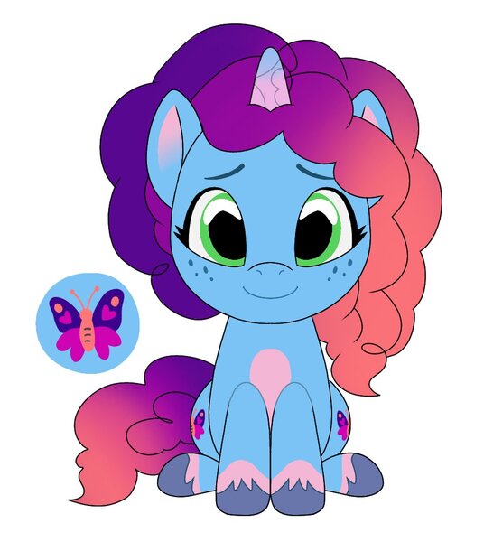 Size: 964x1080 | Tagged: safe, artist:unbcomingwolfox, derpibooru import, butterfly, insect, pony, unicorn, g5, blue coat, blue hooves, both cutie marks, cutie mark, female, freckles, gradient mane, gradient tail, green eyes, horn, image, jpeg, looking at you, mare, misty brightdawn, misty brightdawn's cutie mark, rebirth misty, simple background, smiling, smiling at you, solo, tail, unshorn fetlocks, white background, youtooz, youtooz mlp design competition