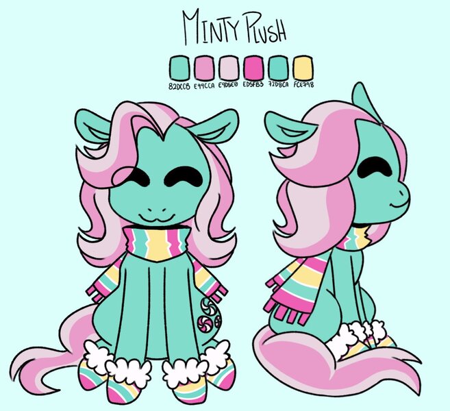 Size: 1112x1016 | Tagged: safe, artist:ghoskuraghost, derpibooru import, minty, earth pony, pony, g3, :3, clothes, eyes closed, female, front view, image, jpeg, mare, my little pony: a very minty christmas, reference sheet, scarf, side view, sitting, smiling, socks, solo, tail, youtooz, youtooz mlp design competition