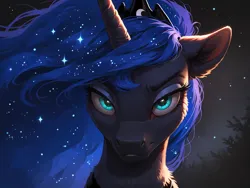 Size: 8192x6144 | Tagged: safe, ai content, derpibooru import, machine learning generated, prompter:molagbal, princess luna, alicorn, pony, g4, 4k, ethereal mane, eyelashes, floppy ears, frown, glow, glowing eyes, high res, horn, image, jpeg, looking at you, night, outdoors, smiling, smiling at you, smirk, smug, starry mane, starry night