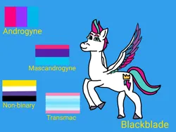 Size: 4096x3072 | Tagged: safe, artist:blackblade360, derpibooru import, zipp storm, pegasus, pony, g5, 2024, androgynous, androgynous pride flag, blue background, blue eyes, digital art, female, flag, ibispaint x, image, looking at you, mare, mascandrogyne, mascandrogyne pride flag, nonbinary, nonbinary pride flag, png, pride, pride flag, rearing, signature, simple background, smiling, smiling at you, spread wings, tail, three toned wings, title card, transmasculine, transmasculine pride flag, two toned mane, two toned tail, unshorn fetlocks, white coat, wings