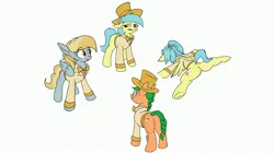 Size: 3840x2160 | Tagged: safe, artist:rocket-lawnchair, derpibooru import, oc, oc:fair flyer, oc:matinée, oc:morning mimosa, oc:soirée, unofficial characters only, earth pony, pegasus, pony, bowtie, butt, clothes, eyebrows, eyebrows visible through hair, faceplant, female, glasses, hat, image, jpeg, mare, mare fair, narrowed eyes, plot, simple background, smiling, snowpity inc., spread eagle, top hat, tuxedo, white background