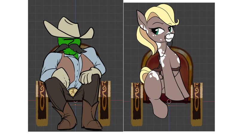 Size: 3840x2160 | Tagged: safe, artist:rocket-lawnchair, derpibooru import, oc, oc:anon, earth pony, human, pony, bit, chair, clothes, coat markings, cowboy, cowboy hat, duo, duo male and female, fake moustache, female, hat, human male, image, jpeg, male, mare, mare fair, saddle, sitting, snowpity inc., tack, vest