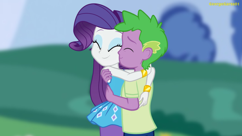 Size: 2160x1215 | Tagged: safe, anonymous editor, derpibooru import, edit, rarity, spike, human, equestria girls, g4, armpit touch, bare shoulders, clothes, dress, duo, duo male and female, eyes closed, female, hug, human spike, humanized, image, male, outdoors, png, rarity peplum dress, shipping, sleeveless, sleeveless dress, smiling, sparity, straight