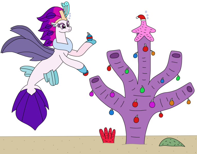 Size: 2857x2237 | Tagged: safe, artist:supahdonarudo, derpibooru import, queen novo, seapony (g4), starfish, g4, my little pony: the movie, bubble, christmas, christmas ornament, coral, decorating, decoration, hat, holding, holiday, image, png, sand, santa hat, simple background, transparent background