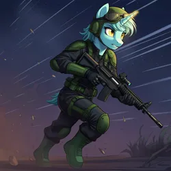 Size: 1024x1024 | Tagged: safe, ai content, derpibooru import, generator:google imagen 3.0, machine learning generated, prompter:zerowinger, lyra heartstrings, anthro, plantigrade anthro, unicorn, series:g.i. pony: a real equestrian hero, g4, assault rifle, clothes, cosplay, costume, crazy legs, female, g.i. joe, glow, glowing horn, gritted teeth, gun, helmet, horn, image, jpeg, military uniform, night, night force, outdoors, rifle, running, solo, teeth, uniform, weapon