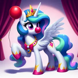 Size: 1024x1024 | Tagged: safe, ai content, derpibooru import, machine learning generated, prompter:heydude5321, princess celestia, alicorn, pony, g4, alternate cutie mark, balloon, bowtie, clown, clown nose, curtains, female, generator:bing image creator, generator:dall-e 3, horn, image, jpeg, mare, red nose, solo, wings