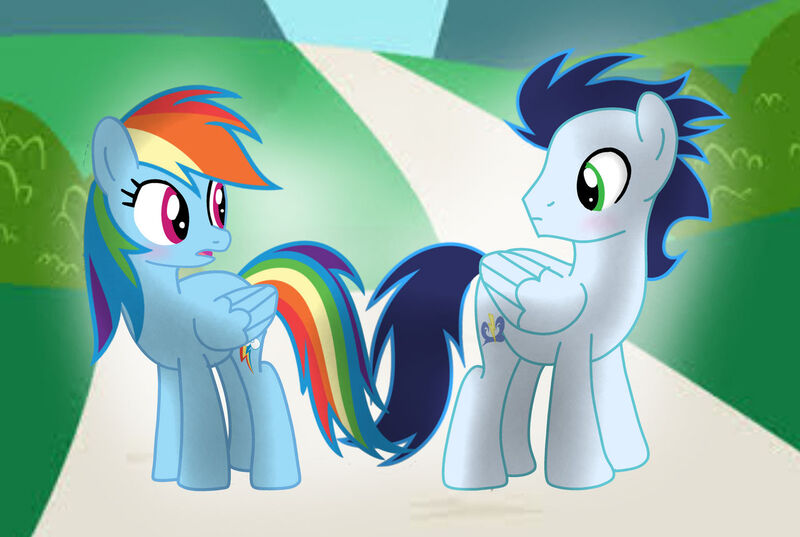 Size: 1280x859 | Tagged: safe, artist:soarindasher10, derpibooru import, rainbow dash, soarin', pegasus, pony, blushing, female, image, jpeg, looking at each other, looking at someone, male, mare, shipping, smiling, smiling at each other, soarindash, stallion, straight