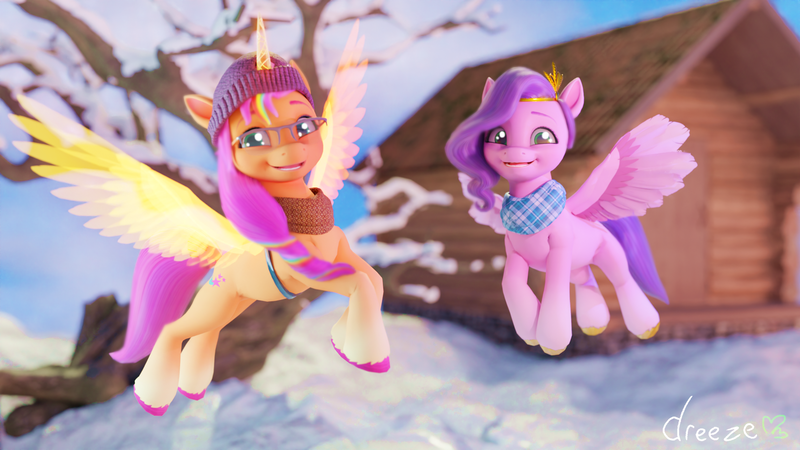 Size: 1920x1080 | Tagged: safe, artist:dreezegh, derpibooru import, pipp petals, sunny starscout, alicorn, pegasus, pony, g5, my little pony: make your mark, 3d, alicornified, artificial wings, augmented, clothes, cute, detailed background, duo, duo female, fanart, female, flying, horn, image, looking at you, open mouth, png, race swap, wings, winter, winter outfit, winter wishday