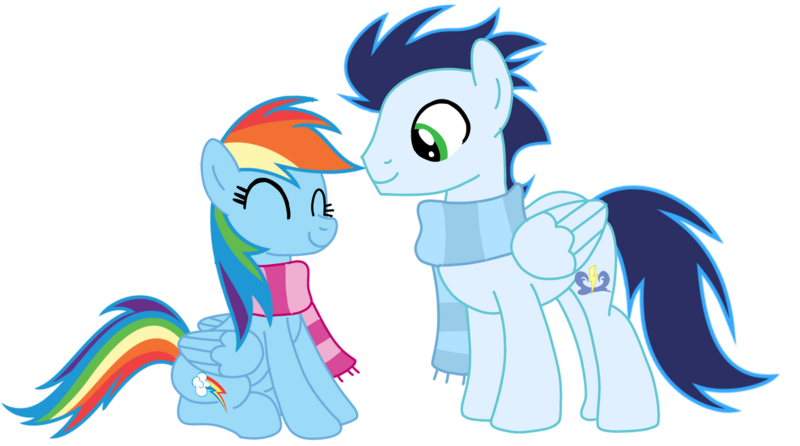 Size: 1280x713 | Tagged: safe, artist:soarindasher10, derpibooru import, rainbow dash, soarin', pegasus, pony, clothes, female, image, male, mare, png, scarf, shipping, simple background, smiling, soarindash, stallion, straight, transparent background