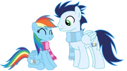 Size: 1280x713 | Tagged: safe, artist:soarindasher10, derpibooru import, rainbow dash, soarin', pegasus, pony, clothes, female, image, male, mare, png, scarf, shipping, simple background, smiling, soarindash, stallion, straight, transparent background