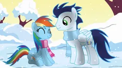 Size: 1280x713 | Tagged: safe, artist:soarindasher10, derpibooru import, rainbow dash, soarin', pegasus, pony, clothes, female, image, jpeg, male, mare, scarf, shipping, smiling, snow, snowflake, soarindash, stallion, straight, winter