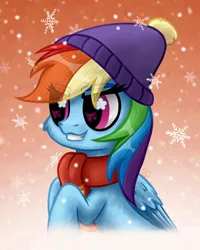 Size: 2000x2500 | Tagged: safe, artist:sunamoonmlp, derpibooru import, rainbow dash, pegasus, pony, g4, clothes, cute, derpibooru exclusive, female, hat, image, mare, png, scarf, smiling, snow, snowflake, solo, teeth, winter, winter outfit