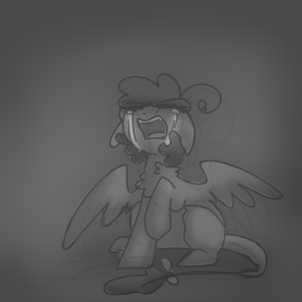 Size: 600x600 | Tagged: safe, artist:puppie, derpibooru import, oc, oc:raevyn, unofficial characters only, pegasus, pony, angry, angst, crying, female, image, monochrome, png, sad, screaming, sketch, solo, vent art