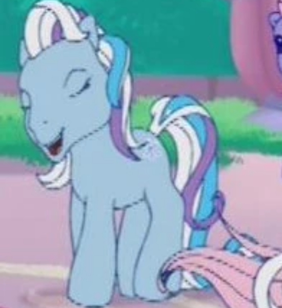 Size: 1014x1107 | Tagged: safe, derpibooru import, screencap, razzaroo, pony, a charming birthday, g3, cropped, eyes closed, image, jpeg, laughing, multicolored mane, multicolored tail, open mouth, pink tail, snow, snowflake, solo focus, tail