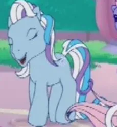 Size: 1014x1107 | Tagged: safe, derpibooru import, screencap, razzaroo, pony, a charming birthday, g3, cropped, eyes closed, image, jpeg, laughing, multicolored mane, multicolored tail, open mouth, pink tail, snow, snowflake, solo focus, tail