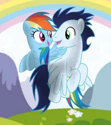 Size: 1280x1432 | Tagged: safe, artist:soarindasher10, derpibooru import, rainbow dash, soarin', pegasus, pony, female, flying, image, jpeg, looking at each other, looking at someone, male, mare, shipping, smiling, smiling at each other, soarindash, stallion, straight