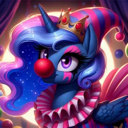 Size: 1024x1024 | Tagged: safe, ai content, derpibooru import, machine learning generated, prompter:heydude5321, princess luna, alicorn, pony, g4, alternate eye color, clown, clown nose, crown, female, generator:bing image creator, generator:dall-e 3, hat, horn, image, jewelry, jpeg, mare, red nose, regalia, solo, wings