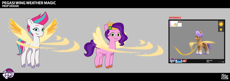 Size: 3708x1311 | Tagged: safe, derpibooru import, official, pipp petals, zipp storm, pegasus, pony, g5, my little pony: tell your tale, spoiler:g5, spoiler:my little pony: tell your tale, spoiler:tyts02e25, concept art, female, glow, glowing wings, hey foal sister, image, magic, mare, pegasus magic, png, royal sisters (g5), siblings, sisters, spread wings, wings